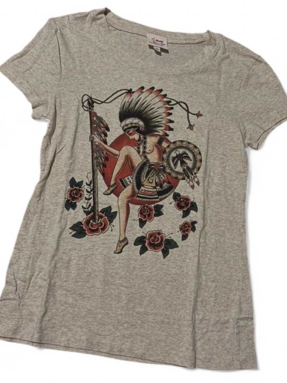 Heather Gray Graphic Short Sleeve Tee with Native-Inspired Artwork - Womens Top